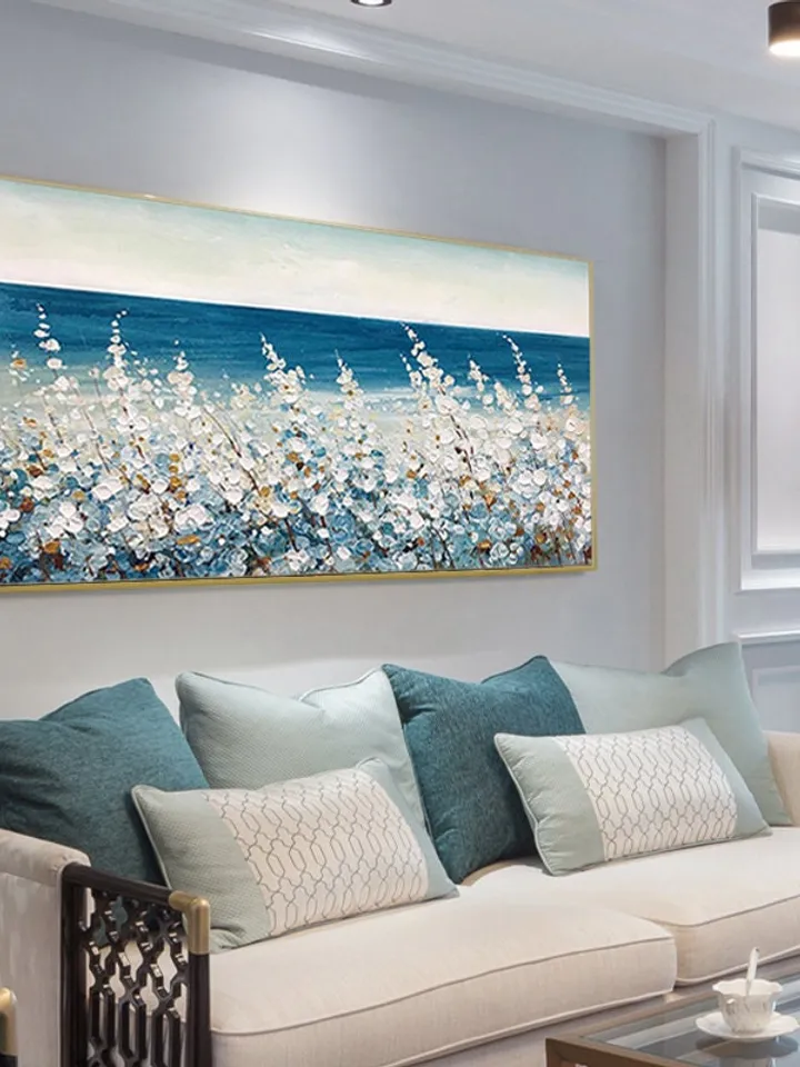 Original Flower Oil Painting On Canvas, Abstract Blud Sea Painting, Boho wall décor, Living Room Wall Art, Heavy Textured Impasto Painting