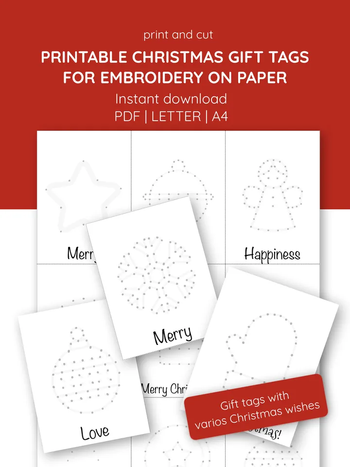 Printable Christmas handmade gift tags. Wishing cards DIY tags to embroidery. Yarn kids craft. Family activity