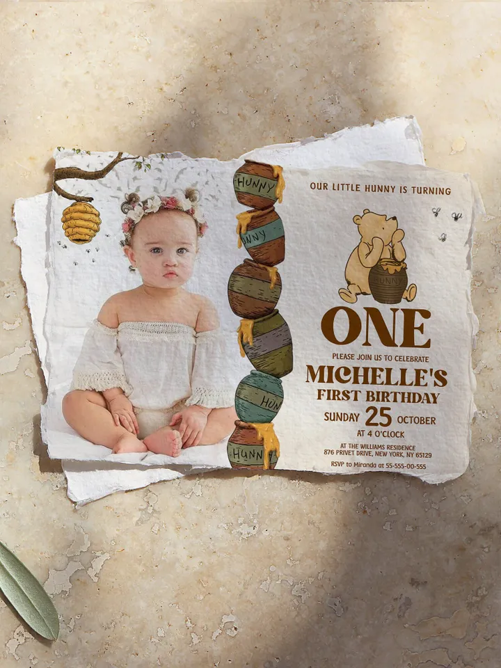 Classic Winnie Pooh Baby Birthday Digital Invite; Wizard  Baby Birthday Evite; Greenery Baby Birthday; Honey Bear Evite; Winnie Invitation