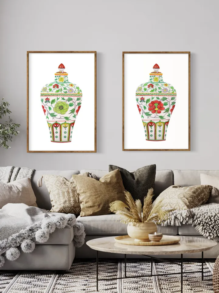 Green Set Of 2 Ginger Jars,Asian Vase Print, Chinoiserie Vase Wall Art Print ,Chinoiserie Set, Home Decor, Gift Idea For Living Room