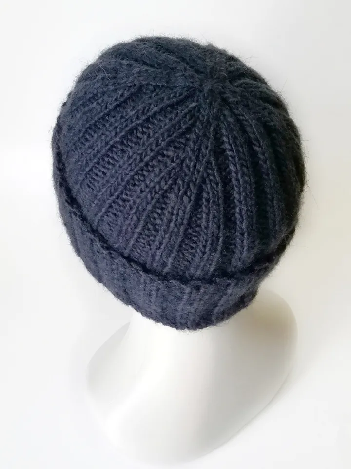 Exquisite Handmade Dark Blue Men's Warm Winter Beanie - Cozy Alpaca-Merino Wool Blend Knit Hat with Ribbed Texture. FREE SHIPPING!