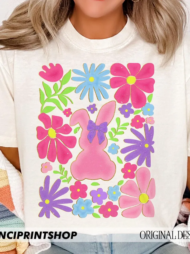 Boho Easter Bunny Png, Boho Floral png, Easter png, Retro Floral Easter Png, Happy Easter png, Bunny Coquette Bow png, Boho Easter png