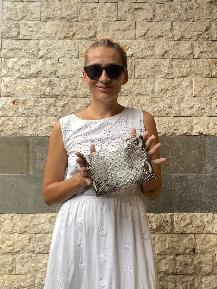 Genuine python skin grey cosmetic bag/ Purse Insert Organizer/ Bag Insert For Tote Bag/ exotic leather wallet / small snake skin clutch