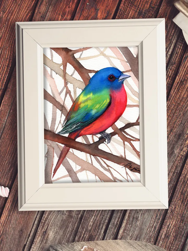 The painted oatmeal cardinal original watercolor, birds painting, handmade wall decor, 5x7 in art for bird lovers by Anne Gorywine