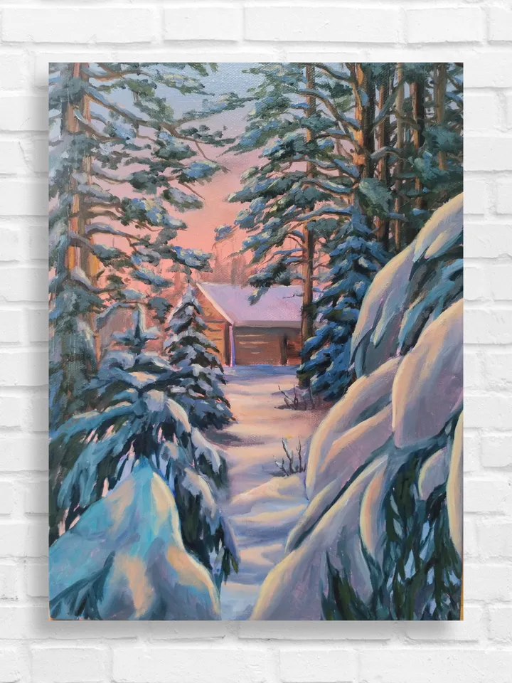 Winter Landscape Oil Painting Snow Covered Trees Small House in Forest Artwork on Canvas