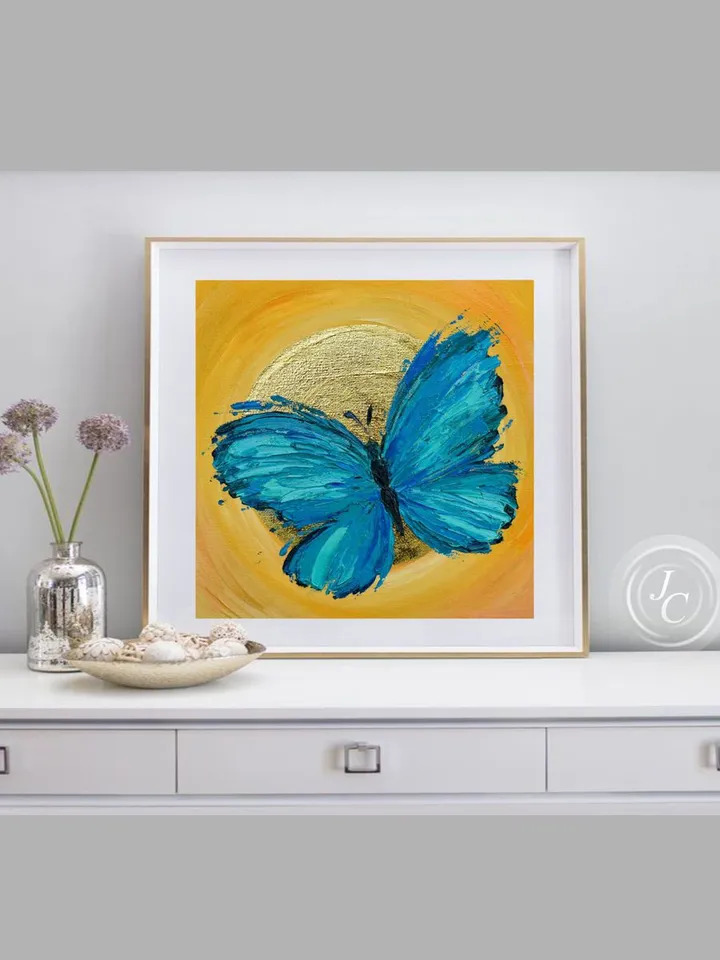 Blue Butterfly Painting Original Art 8 by 8 inches Gold Leaf Artwork Moon Art Insect Painting Blue Turquoise Home Decor