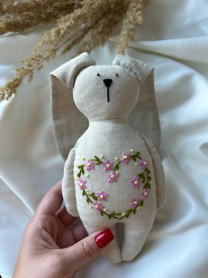 Linen toy bunny, embroidered toy, bunny toy