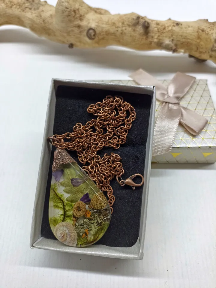 Rain forest Resin and Dry Flowers Pendant Forest jewelry Gift for her