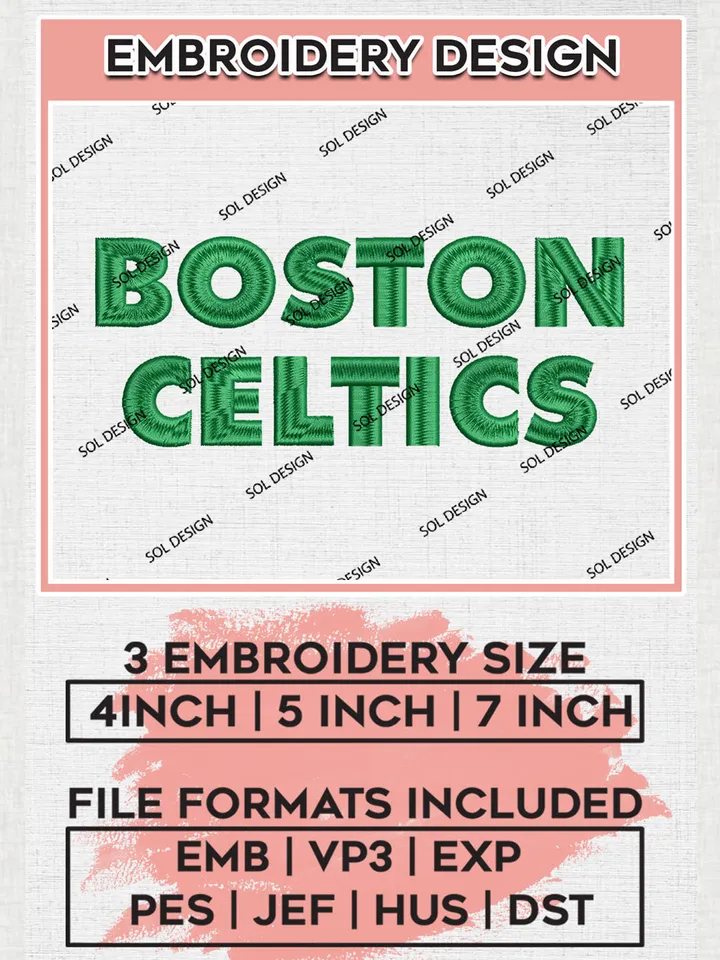 NBA Boston Celtics Text Logo Embroidery Designs, Boston Celtics Team Logo Embroidery, Basketball Team Logo Emb Files, NBA Team, 3 sizes, Machine embroidery Files, Digital Download