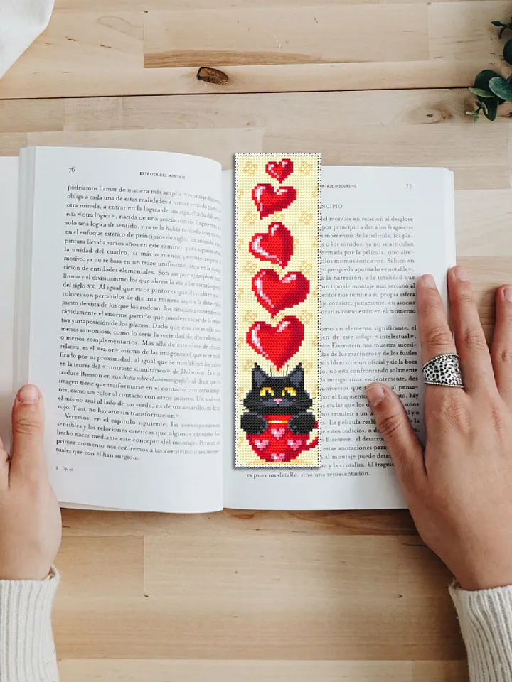 Cat Bookmark cross stitch pattern download PDF Handmade bookmark, Cute Black cat embroidery, Valentine bookmark Cat cup, Love hearts #B111
