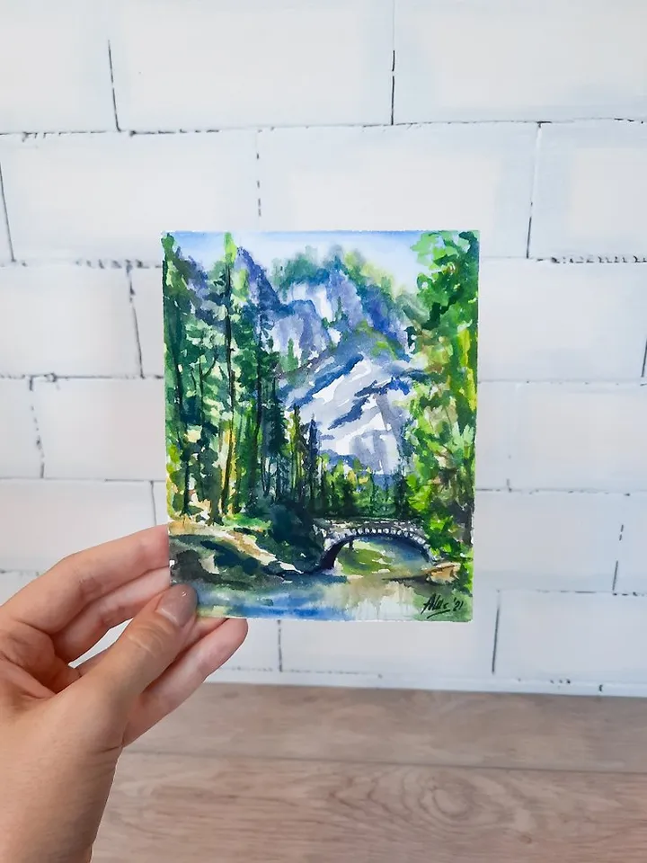 Bridge painting Original watercolor painting Mountain landscape Forest painting