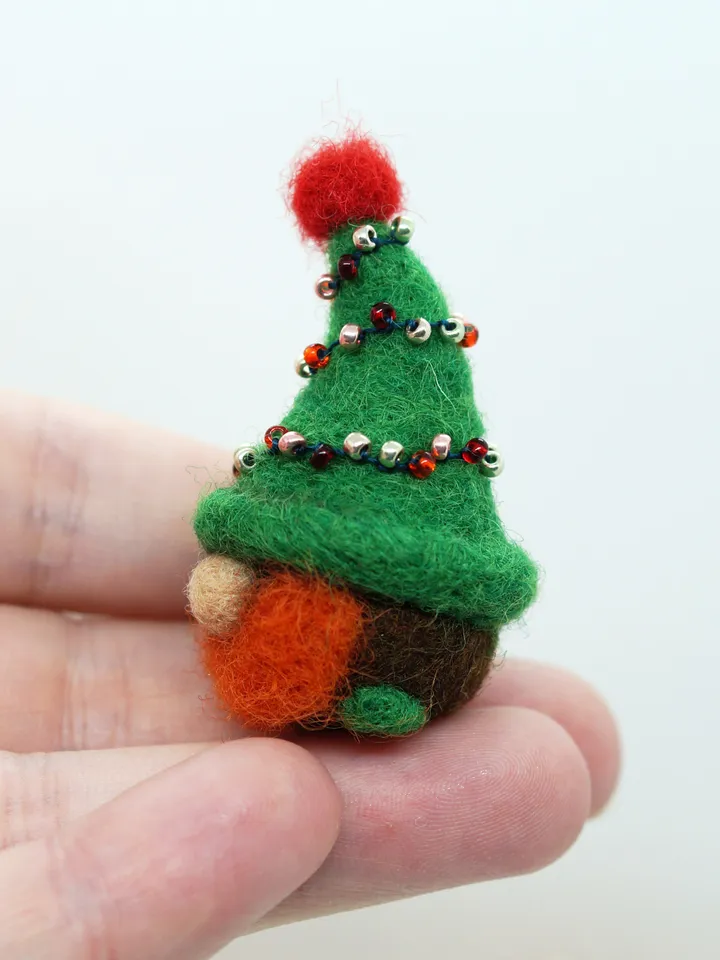 Miniature needle felted gnome, redhead gnome, ginger gnome, Christmas tree gnome, ready to ship from the USA