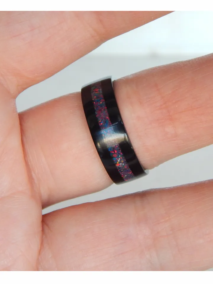 Stylish black ring. Carbon ring with synthetic opal. 10 1/2