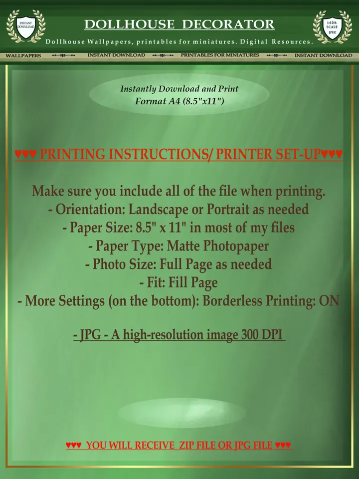 Wallpapers- Set 15-v4 | Printables for Dollhouses and Unique Miniature Projects | Digital Downloads | in Scale 1/12th