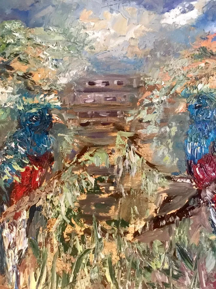 A couple of quetzal birds,mayan pyramid on the background, colourful impasto oil painting on stretched canvas ,wall art,couple love gift