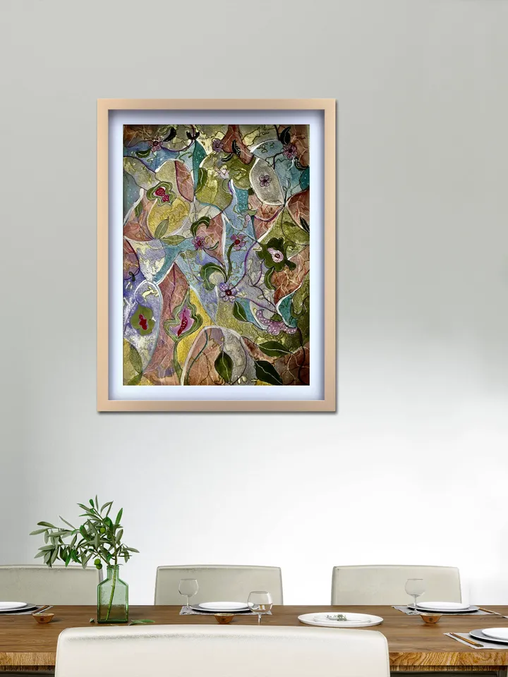 Abstract floral watercolor original artwork, fantasy wall art, pastel and golden colors wall art,one of a kind,wall decoration,gift