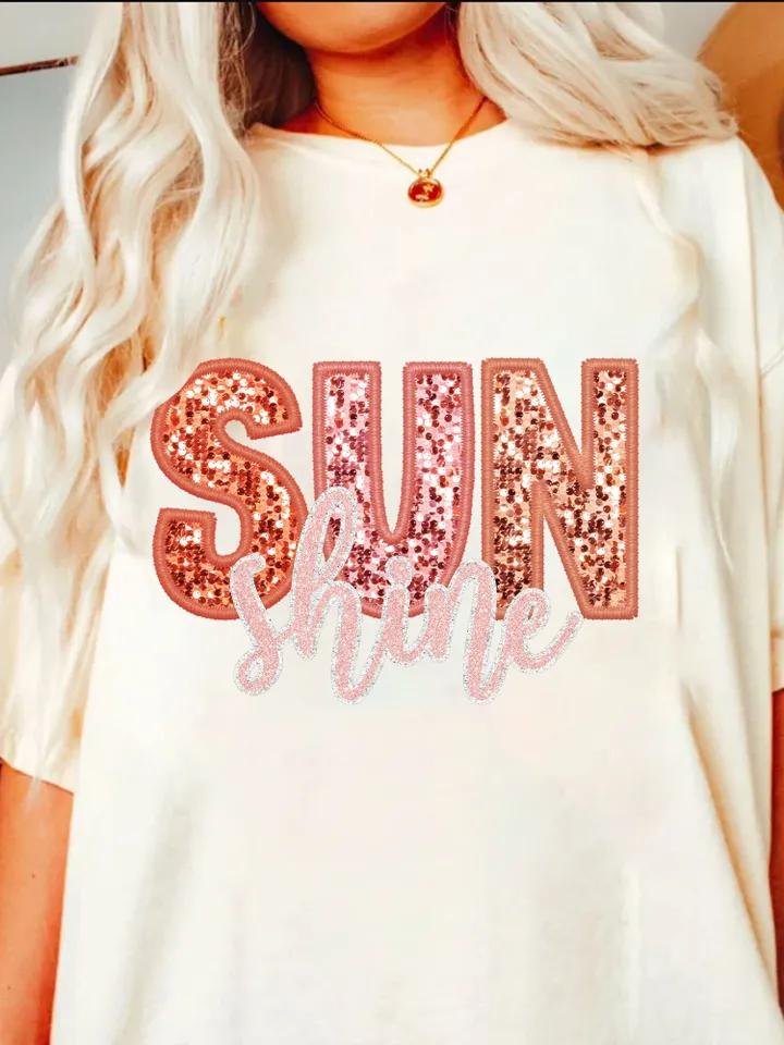 Sunshine PNG Faux Sequins Embroidered Letters Springbreak Shirt Design Sunshine Shirt Design Here summer png, boho png,retro png sublimation