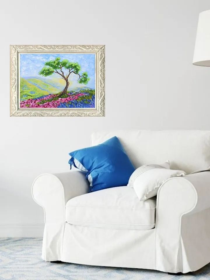 Cypress Tree Painting Lavender Original Art Landscape Artwork Oil Painting