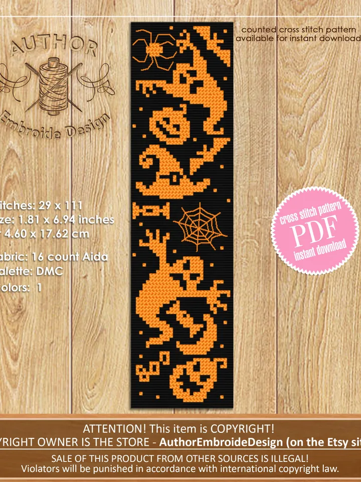 Halloween bookmark cross stitch pattern PDF download Halloween sampler cross stitch chart, Simple handmade bookmark pattern digital #B229