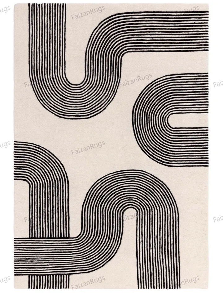 Buy Abstract Lines Wool Rug Black and Cream Hand Tufted 100% Wool For Living Room, Bed Room, Kids Room In Any Size 9x12,8x10,6x9,5x8.