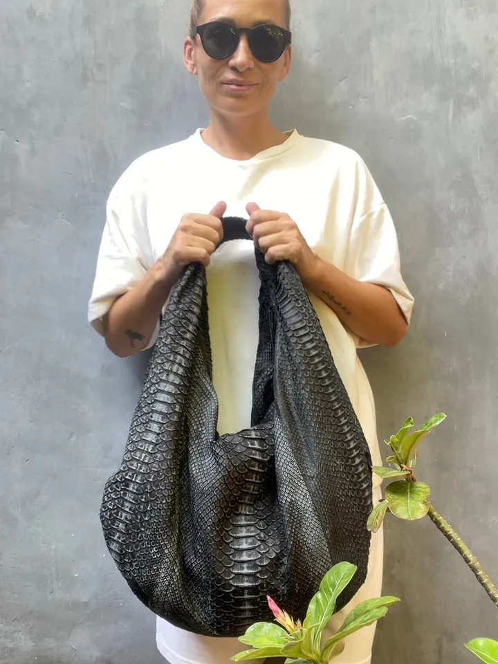 Big Soft Hobo Classy Sport Woman Bag | Purse Genuine Python Skin | Python Skin Products | Gray Big Elegant Leather Designer Soft Bag Snake