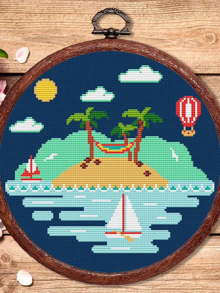 Tropical Island Cross Stitch Pattern, Island Cross Stitch, Embroidery Travel, Travel Cross Stitch Pattern, Modern Cross Stitch #trl011