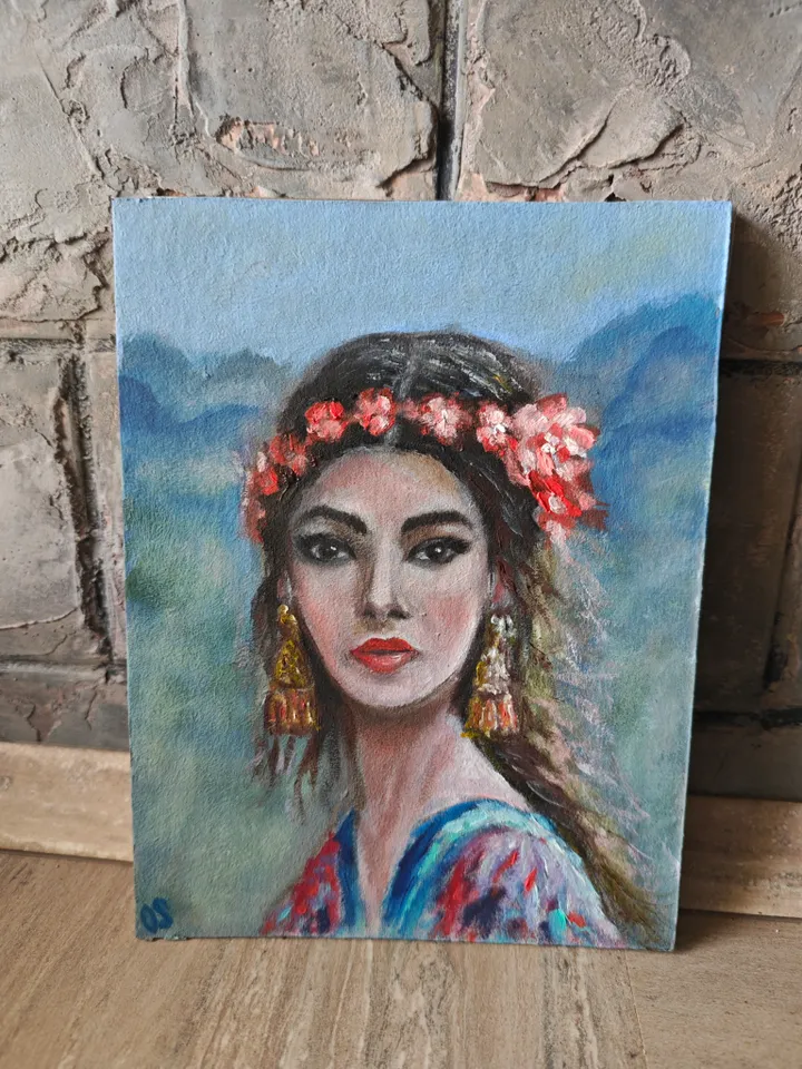 Easten Girl Portrait Original Painting Oriental Girl With Earrings Original Art Girl Portrait Modern Artwork Girl Wall Decor Woman Oriental Oil Painting 6x8 inches by OlgaSokolovaArt