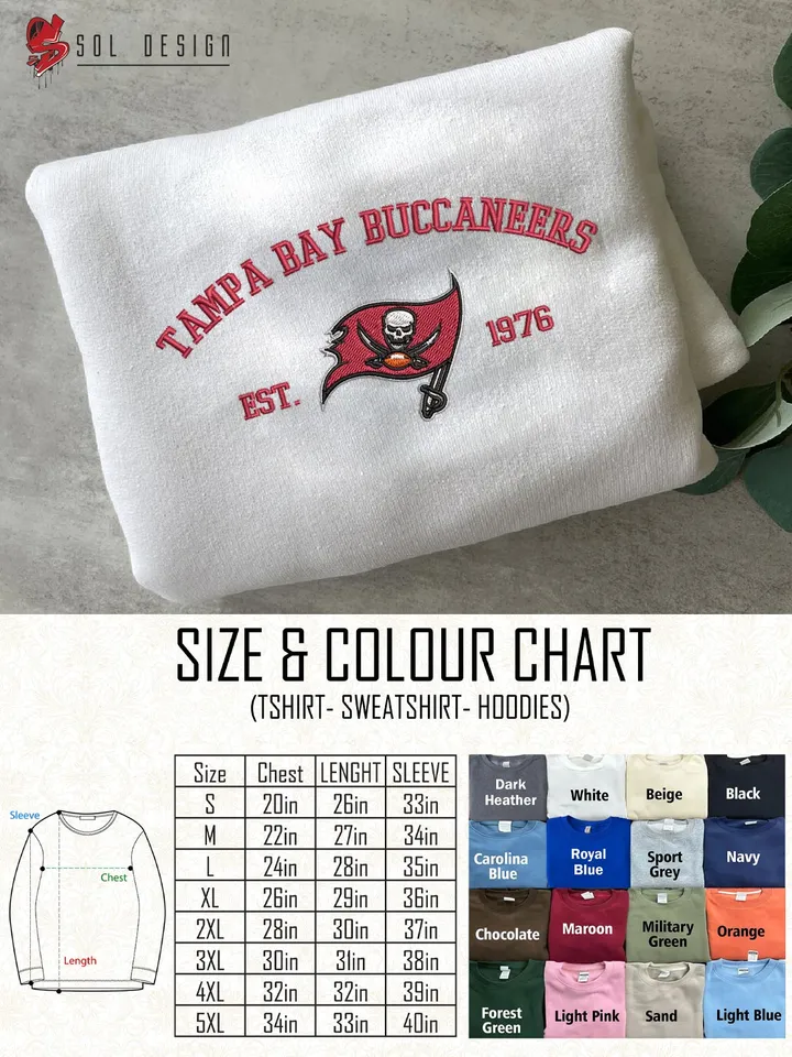 NFL Tampa Bay Buccaneers Est 1976 Embroidered Sweatshirt, NFL Tampa Bay Buccaneers Team Embroidered Shirt, Unisex Game Day Crewneck, Football Fan Gift Tee