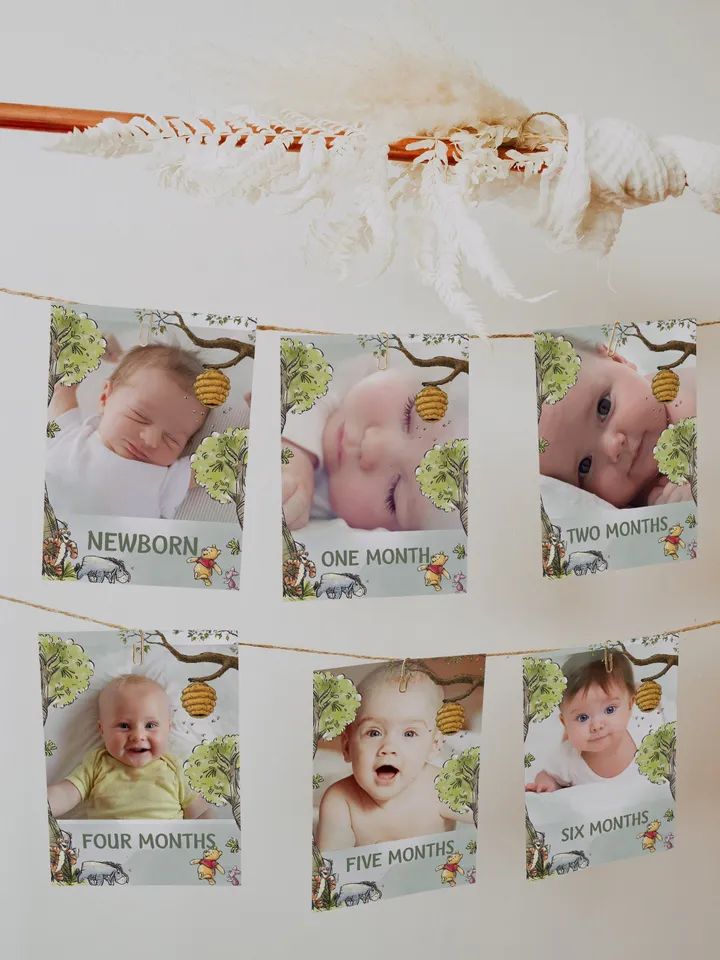 Editable Photo Banner one year garland Winnie the Pooh First Birthday Photo Banner Garland; Hundred Acre Wood Party; Instant Download; wp2