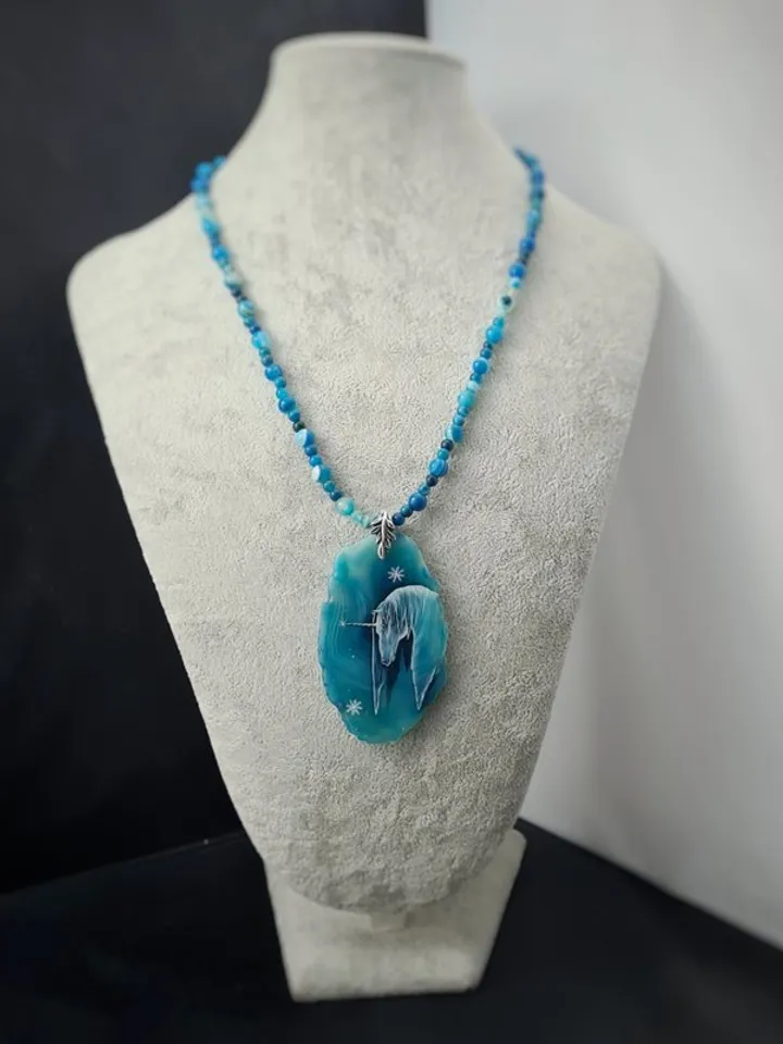 Unicorn necklace real oil painting Miniature on agate One of a kind Present OOA
