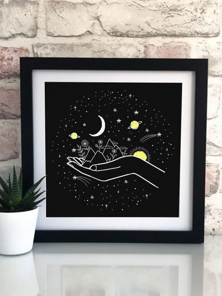 Hand holding mountain embroidery blackwork pattern PDF Magic nature in palm Backstitch chart, Nature embroidery download PDF, Galaxy #W5