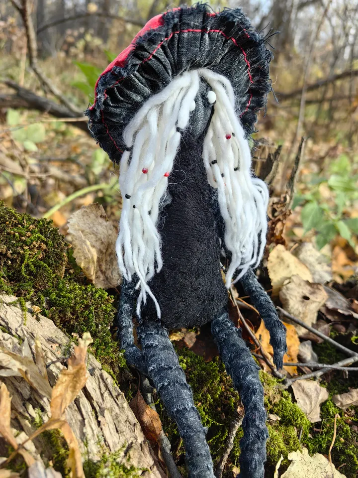 Mushroom art doll Fantasy creature Forest spirit doll Gothic figurine Shelf sitters Black witch goddess Weird art doll