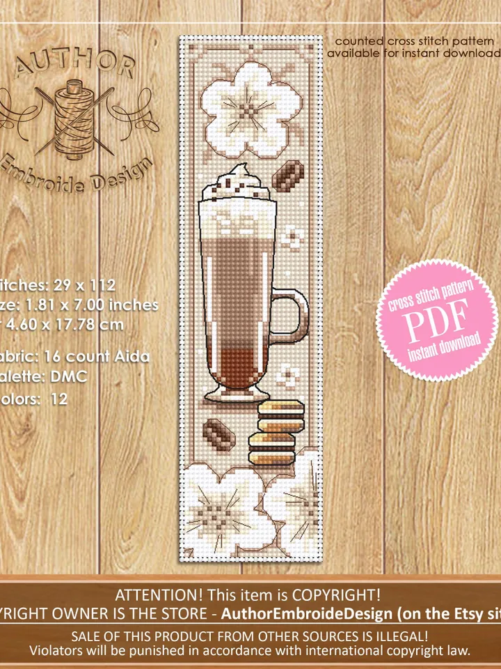 Coffee bookmark cross stitch pattern PDF download Coffee cross stitch chart, Bookmark pattern digital PDF, Coffee lover gift, Mocha #B378