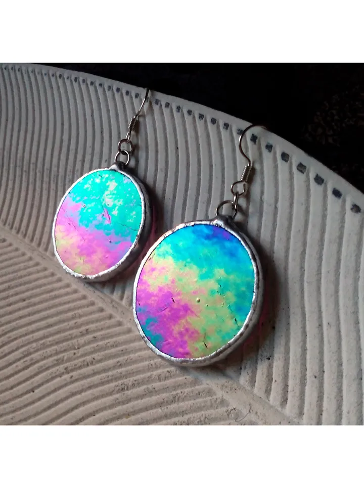 Iridescent stained glass earrings, Dichroic earrings, Duochrome earrings, Round stained glass
