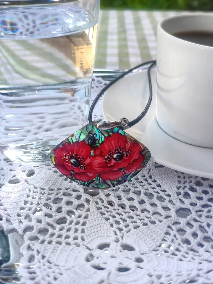 Pearl pendant necklace: Red poppies on Elegant abalone shell necklace. Aesthetic Mother of pearl pendant. Stylish graceful gift for her