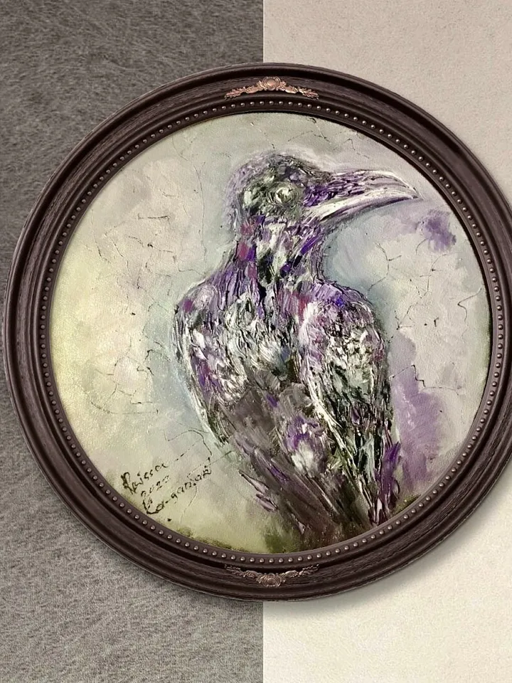 Raven original oil impasto style painting on round canvas,wall hanging,animals oil painting,birds paintings,unique handmade gift home decor.