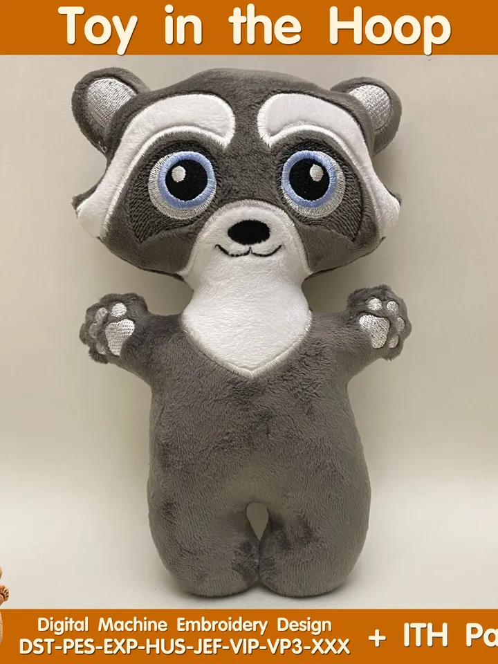 ITH Cute Raccoon toy soft stuffed in the Hoop Digital Design for Machine Embroidery