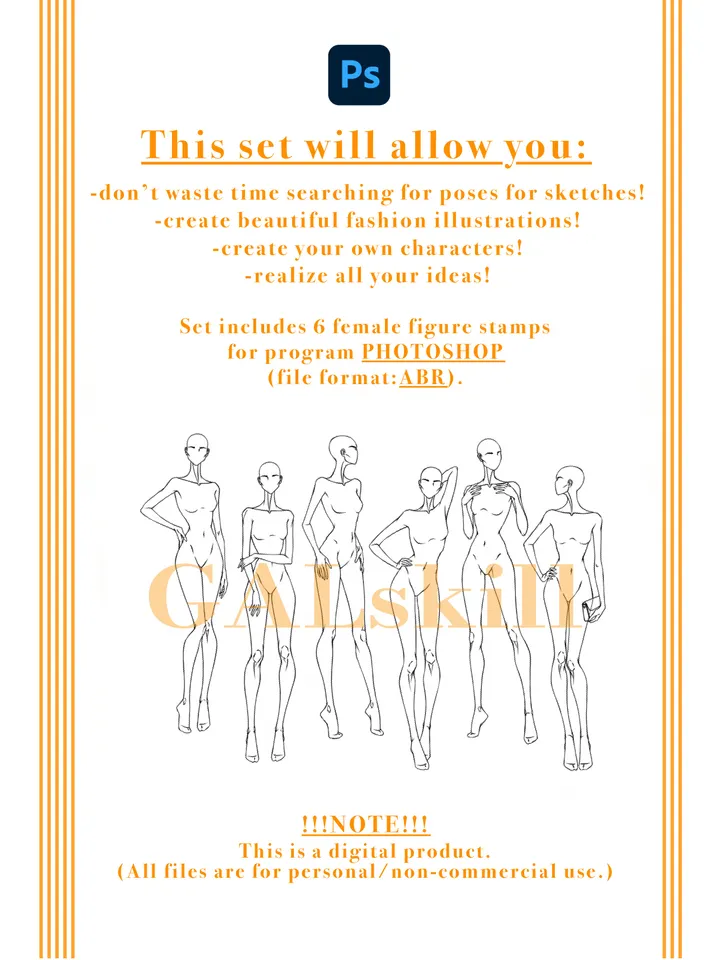 Photoshop brush, Body poses of female figure, set "Front View 1"