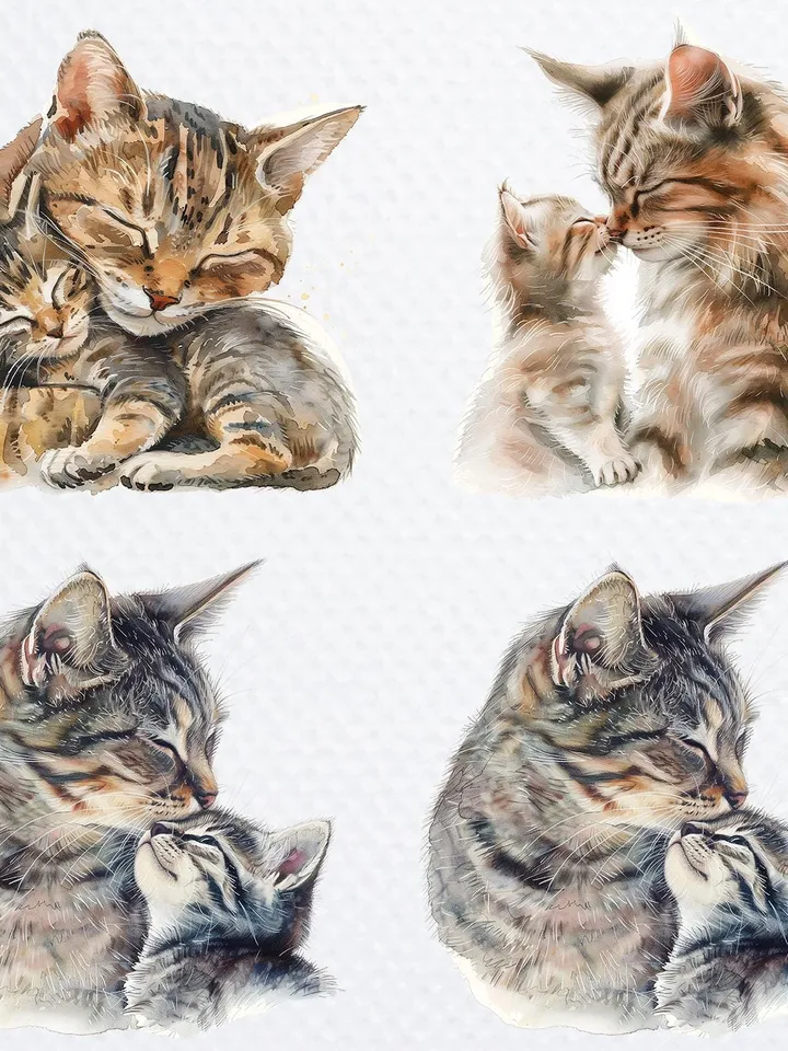 16 Cat and Kitten PNG Bundle, Kitten Love Printable Watercolor clipart, High Quality PNGs, Digital download, Paper craft, junk journal