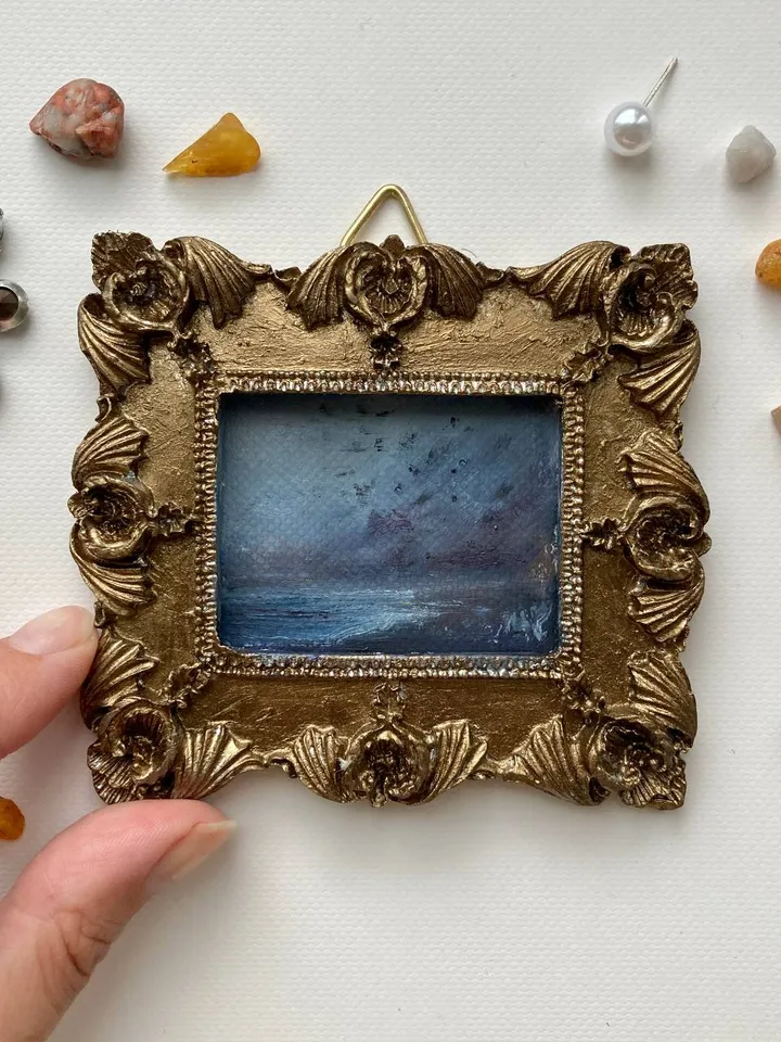 Small Landscape Oil Painting Framed Original Dark Ocean Art Coastal Antique Frame Tiny Paintings 3 x 4 Art Victorian artwork
