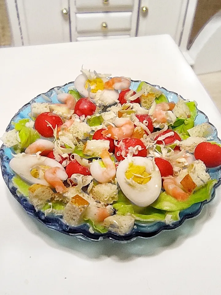 Realistic Caesar salad with shrimps - realistic salad - doll food - barbie food - food for dolls - miniature - mini food