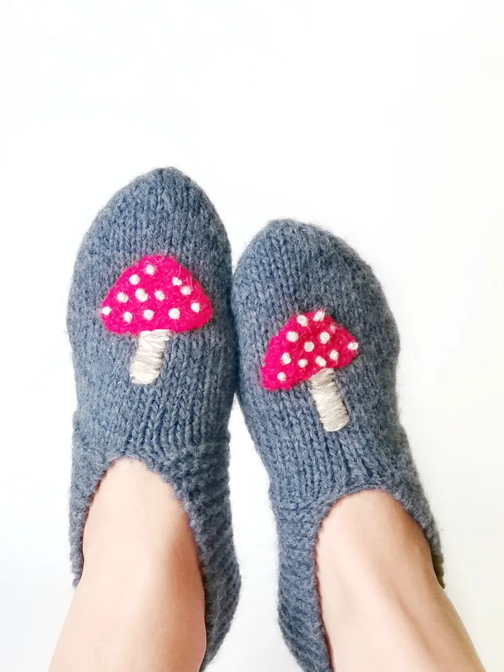 Hand-Knitted Mushroom Embroidered Socks-Slippers for Women, Merino and Alpaca Wool. Cute Warm Indoor Slipper-Socks. FREE SHIPPING!