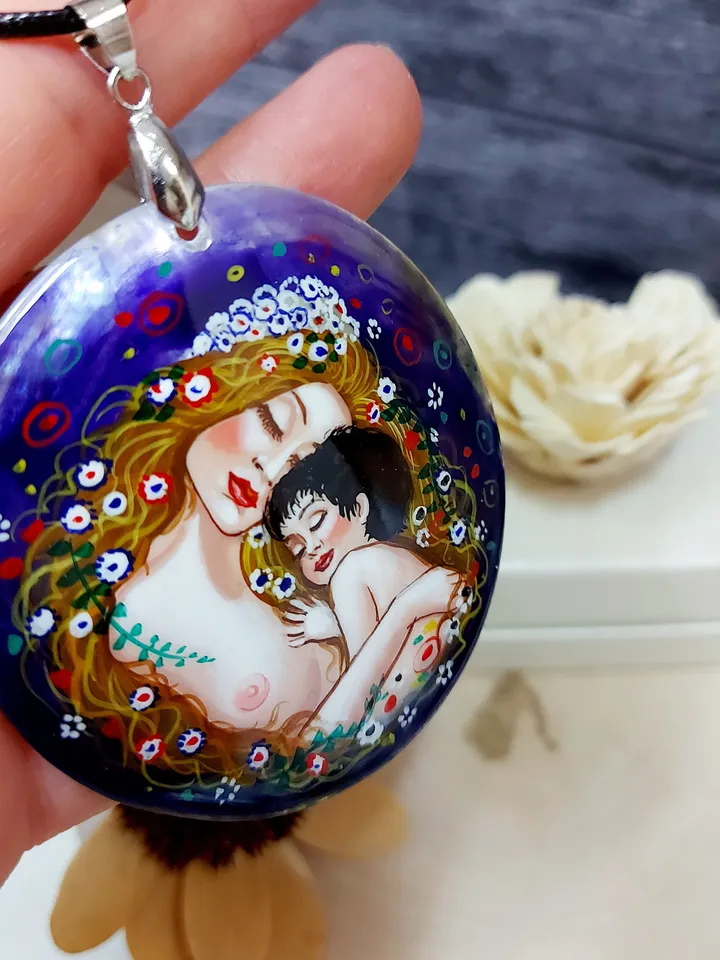 Pendant "Mother and child" Gustav Klimt Mother-of-pearl hand-painted Russian jewelry Summer jewelry fine art jewelry miniature painting