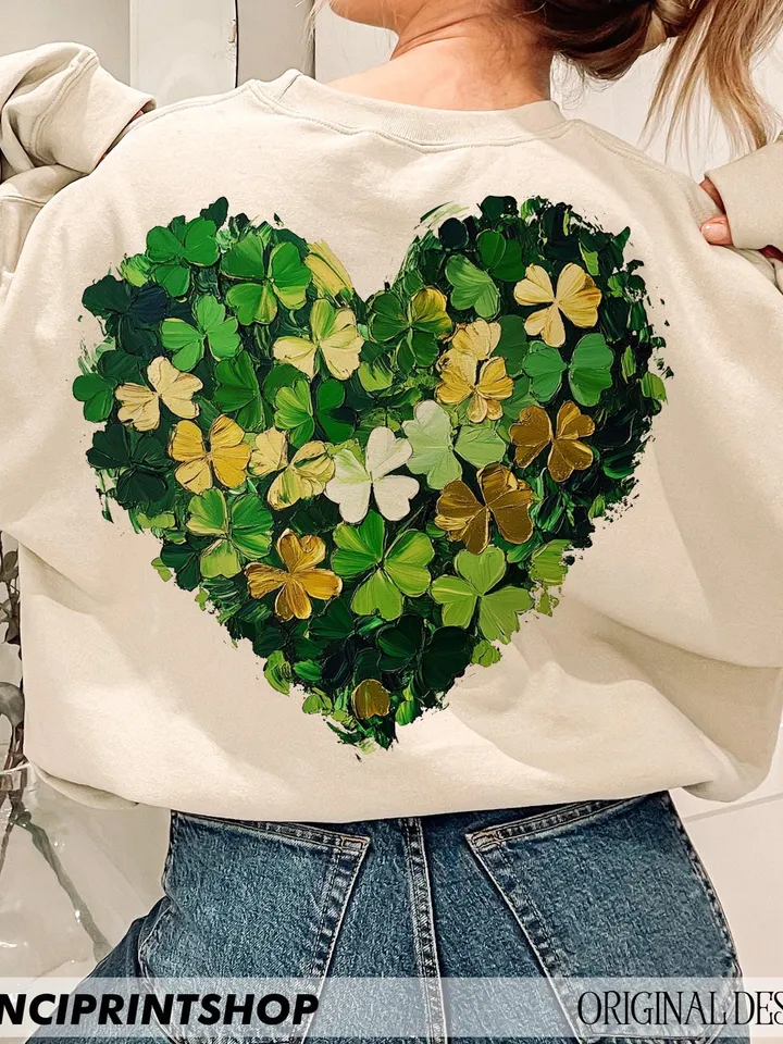 St. Patrick's Day Brushstroke Shamrock Heart PNG, Green and Gold Clover, Lucky Shamrock Design, St.Patrick's Day png, Clover png, Lucky png