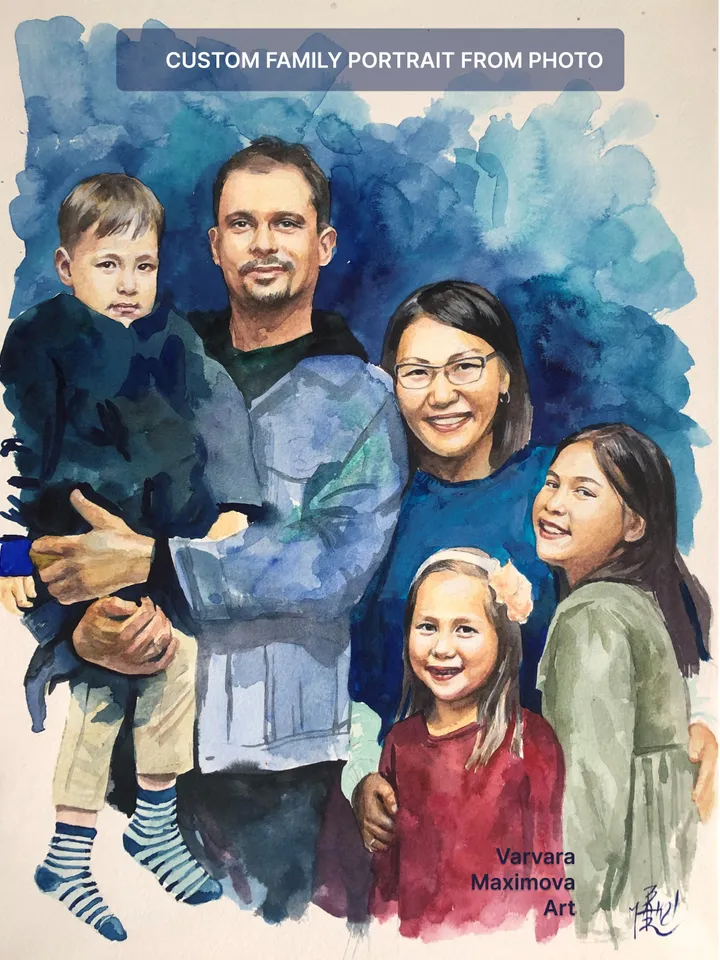 5 person Watercolor portrait Original art Handmade
