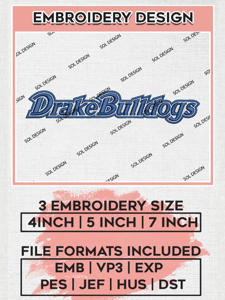 NCAA Drake Bulldogs Team Writing Logo Embroidery Design Files, NCAA Drake Bulldogs Machine Embroidery, NCAA Teams, 3 sizes, NCAA Machine embroidery designs, Digital Download