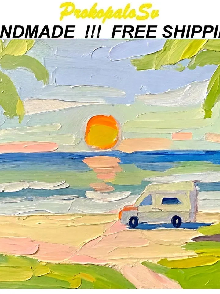 San Diego Beach Travel Original Art Impasto Oil Painting Small Camper Vanlife Impressionist Artwork Gift by ArtProkopaloSv