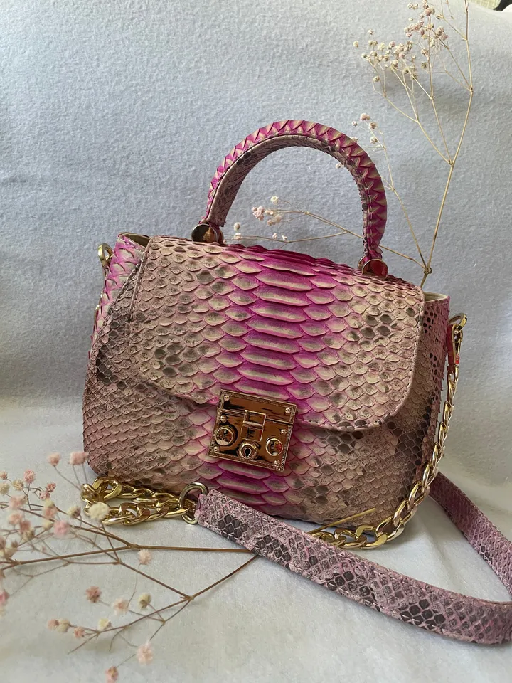 Genuine python top handle bag / designer bag / exotic leather bag / baby pink multicolor summer bag / snake print designer classy purse