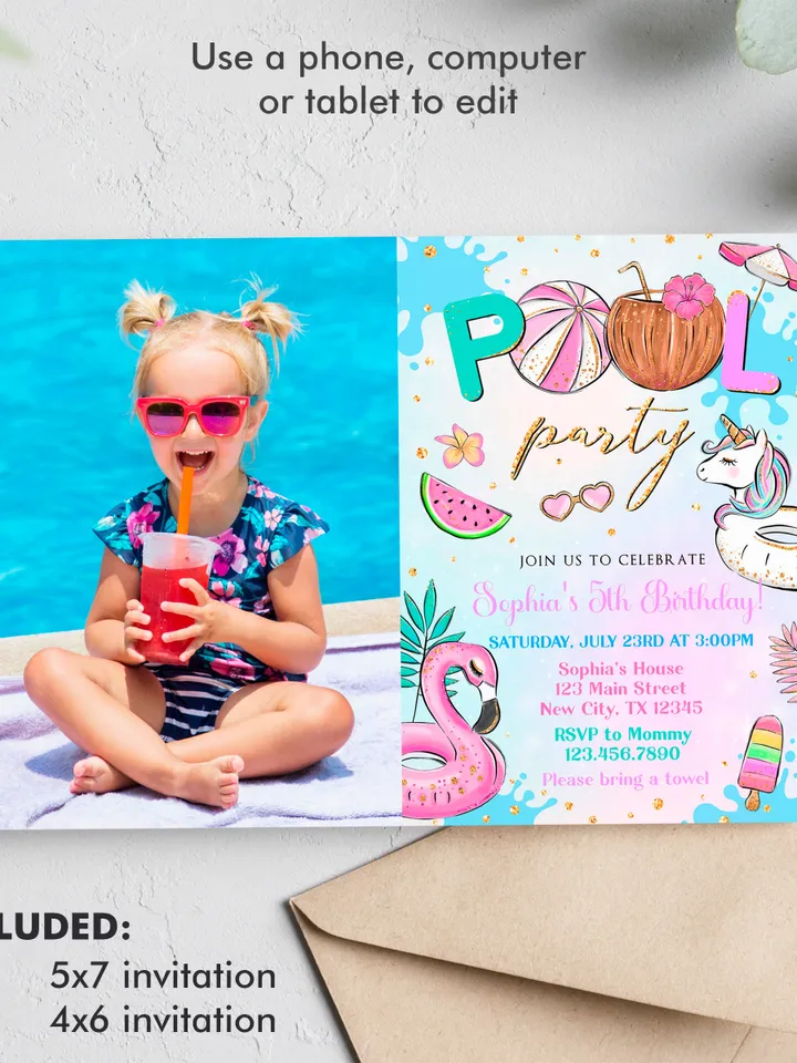 Pool Party Invitation Girl with Photo, Pool Party Unicorn Invitation Instant Download, Swimming Party Invite, Editable Template