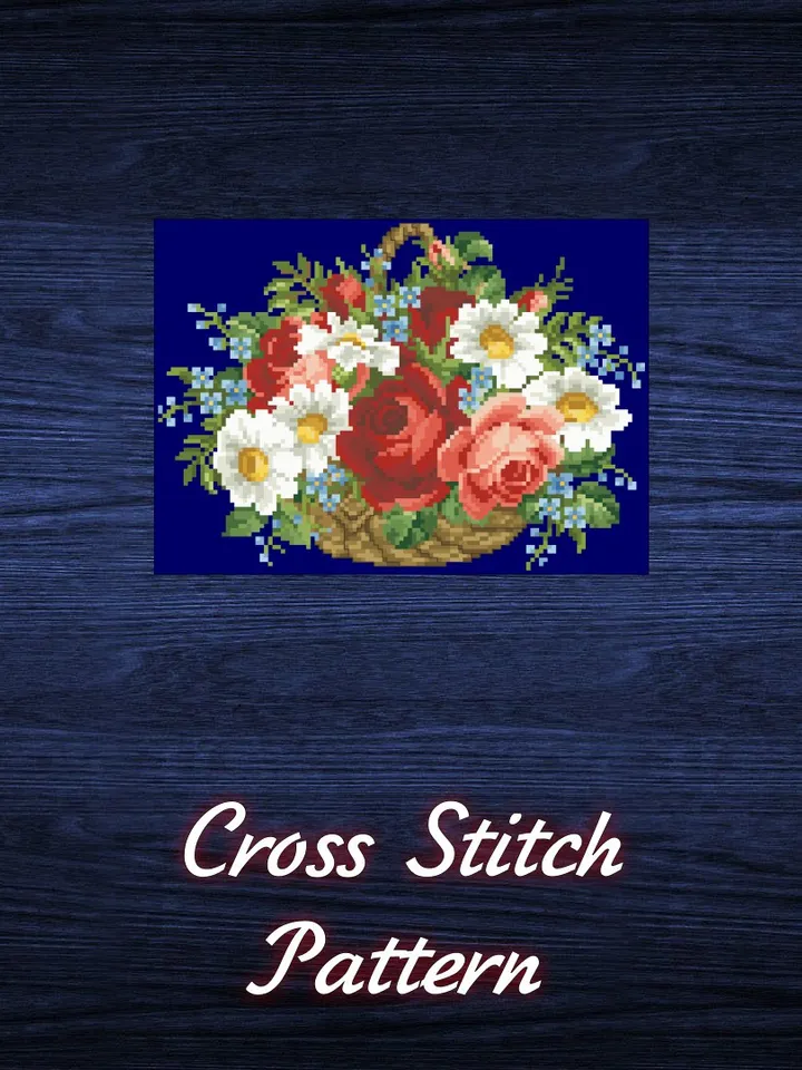 Antique Cross Stitch Pattern Flower Basket Counted Digital Download PDF